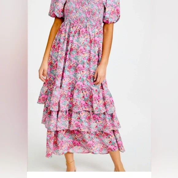 English Factory Pink Floral Smocked Tiered Ruffle Maxi Dress Size S EUC - Picture 2 of 12